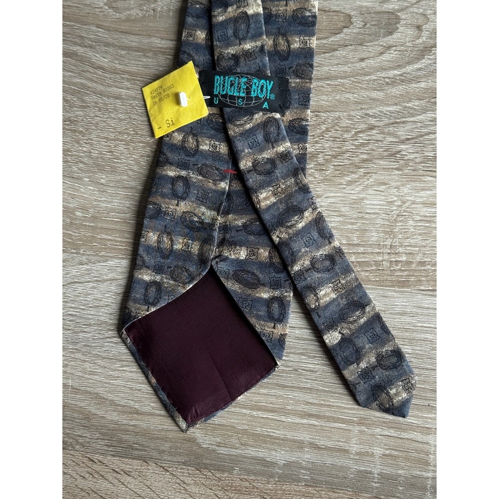 Bugle Boy USA Mens Silk Tie Grey Tan Striped Medallion Geometric Made in USA